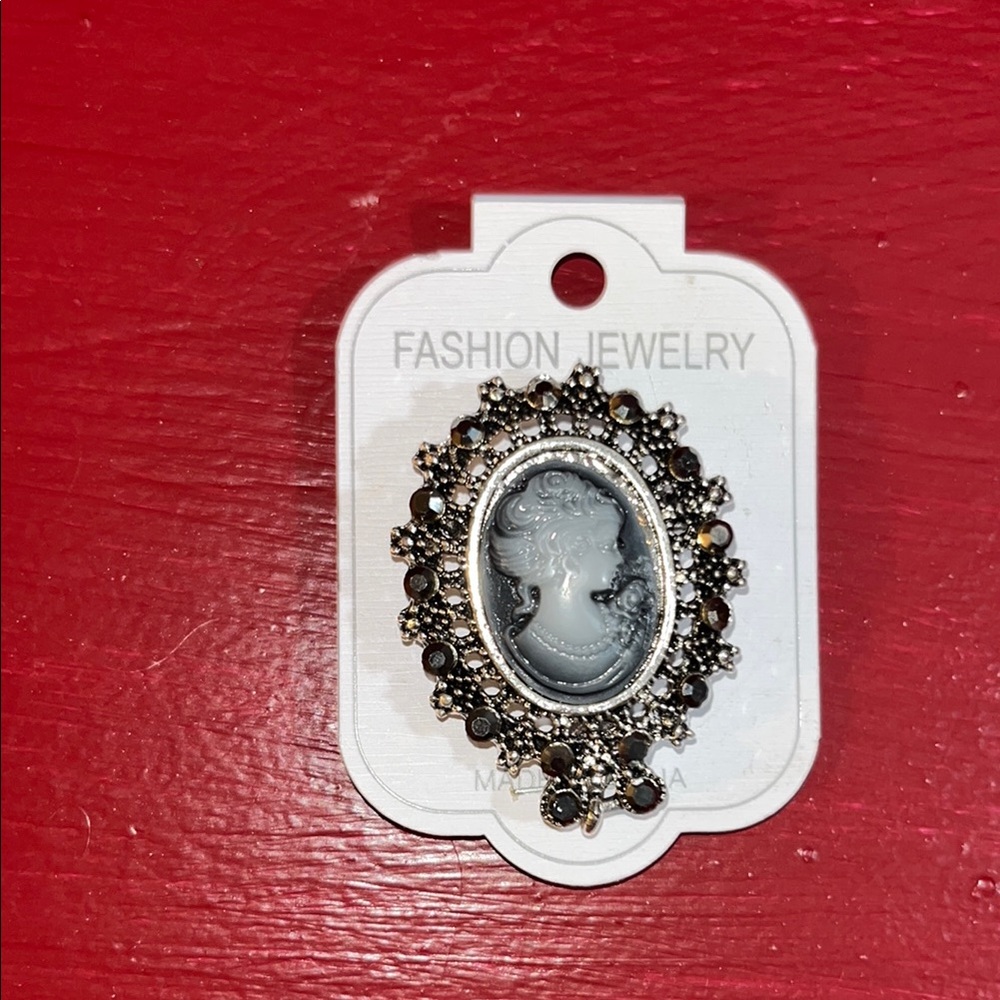 Elegant Black and Silver Cameo Brooch